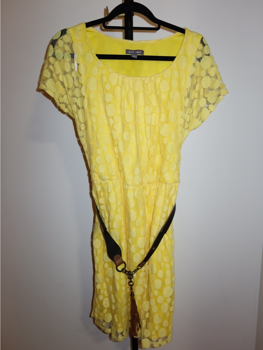 Roz & Ali Yellow Lace Mini Dress with Scoop Neck